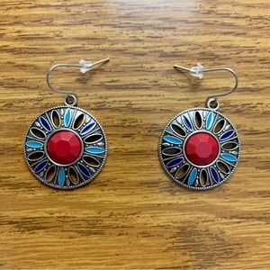 Boho Silver Floral Disk Drop Earrings